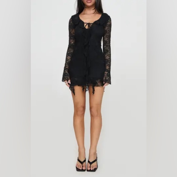 Princess Polly plunging neck line black lace mini dress. - Picture 2 of 7